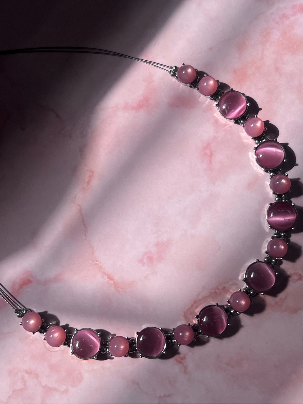 New York & Company Y2K Pink Cat Eye Stone Statement Necklace Silver Tone